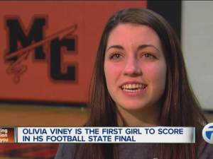 Featured on Detroit’s ABC Affiliate, WXYZ-TV. (Still obtained from: http://www.wxyz.com/dpp/news/olivia-viney-makes-history-at-ford-field#ixzz2nmyaGx8T)